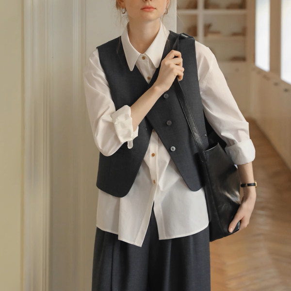 Vネックシングルブレストショートベスト&ハイウエストワイドスーツパンツセットアップ《Z00889》