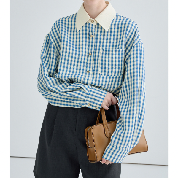 ギンガムチェックのクレリックシャツ X-288