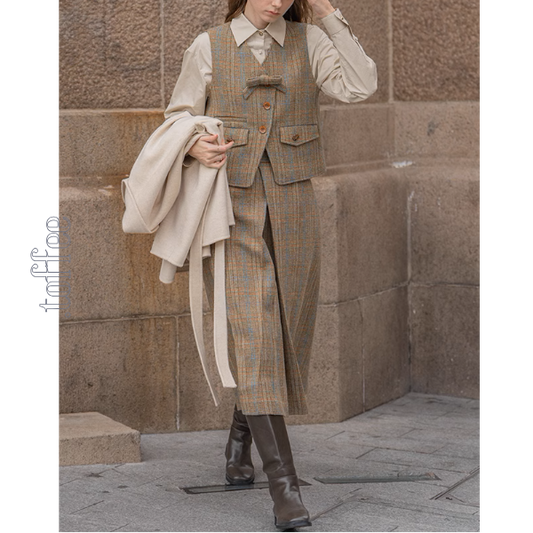 【3color】チェック柄リボン装飾ジレ&ミモレ丈プリーツスカートセットアップ《Z00858》