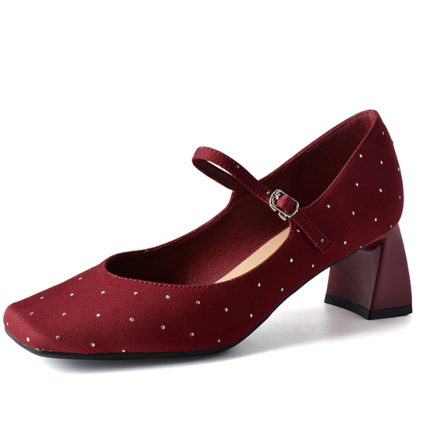 【2color】スクエアトゥチャンキーヒールドットパンプス X-536