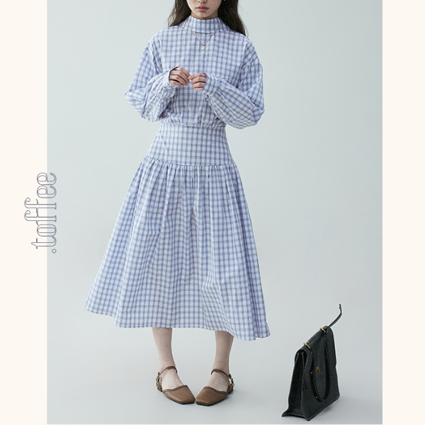 チェック柄Aラインロングシャツワンピース《Z00839》