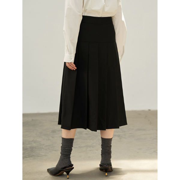【2color】二つのベルト付きミモレ丈Aラインプリーツスカート Z00223
