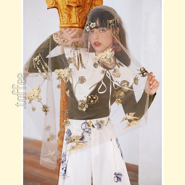 【2color】果物モチーフの植物画刺繍:ロマンティックフェアリーケープ C0168