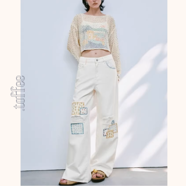 パッチワーク小花刺繍ワイドパンツ《Z01033》