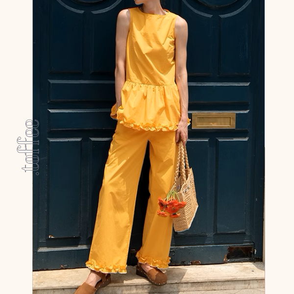 レースヘムペプラムノースリーブトップ&ストレートパンツセットアップ 《Z00982》