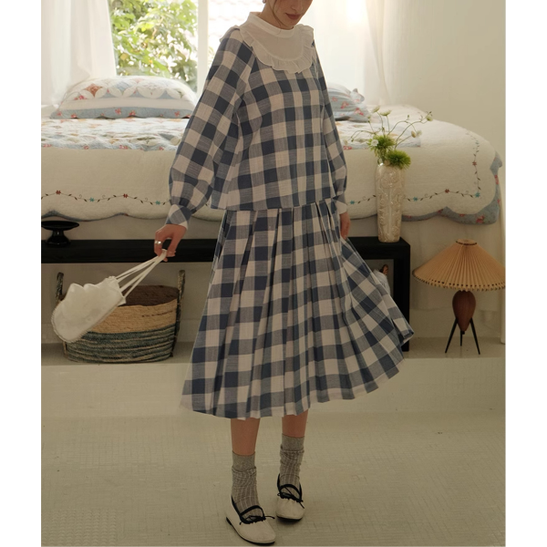 チェック柄ドールカラーブラウス&スカートセットアップ Z00085