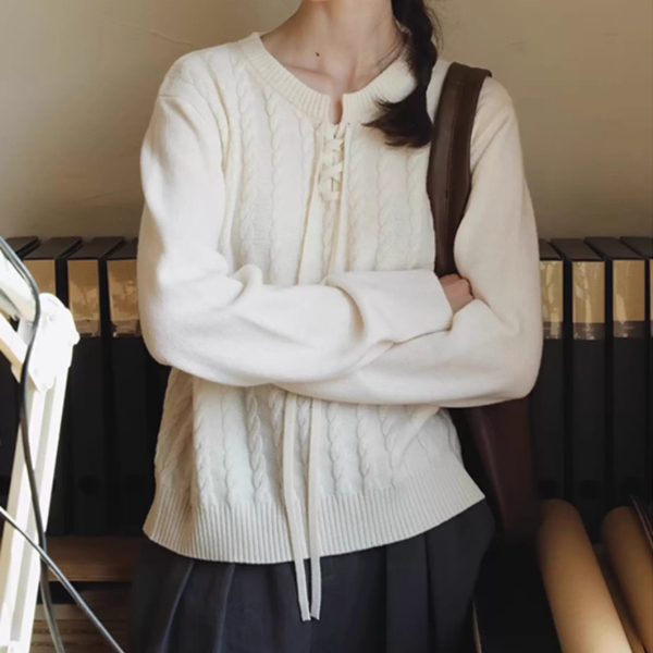 【2color】レースアップ×ツイスト編みニットトップ《Z01326》