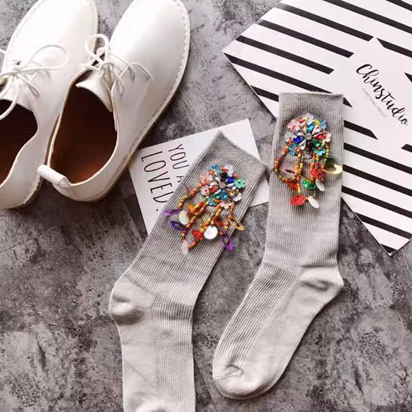 フラワービーズ装飾クルーソックス4点セット 《Z00774》