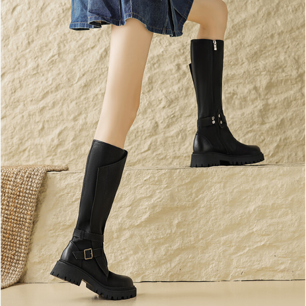 【2color】ラウンドトゥサイドジッパーロングブーツ X-468