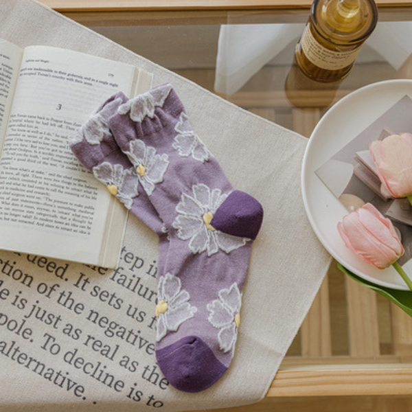 【4足set】パープルフラワーソックス X-030