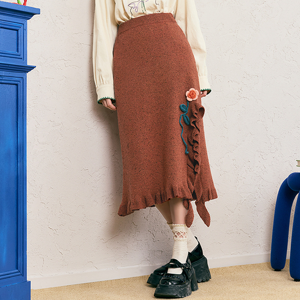 フラワー刺繍&フリルヘムロングスカート 《Z00686》