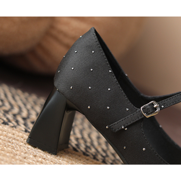 【2color】スクエアトゥチャンキーヒールドットパンプス X-536