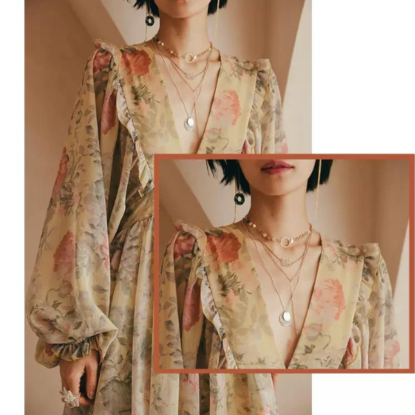 フラワープリントボリュームスリーブワンピース X-046