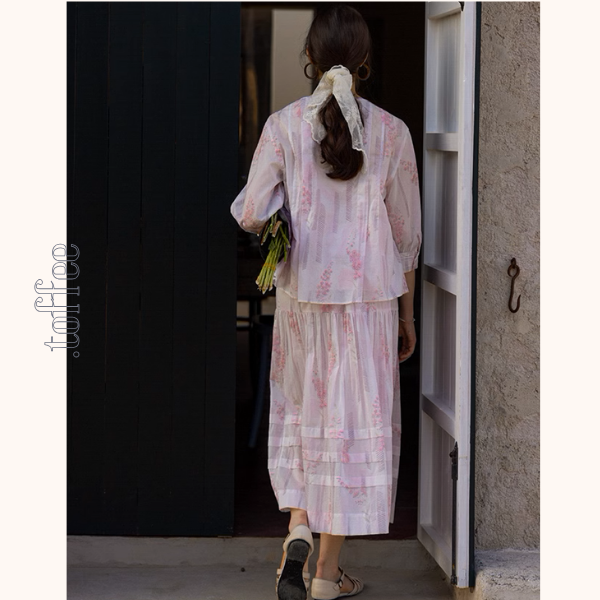 桜ピンクプリーツシャツ&ミモレ丈ティーアドスカートセットアップ《Z00867》