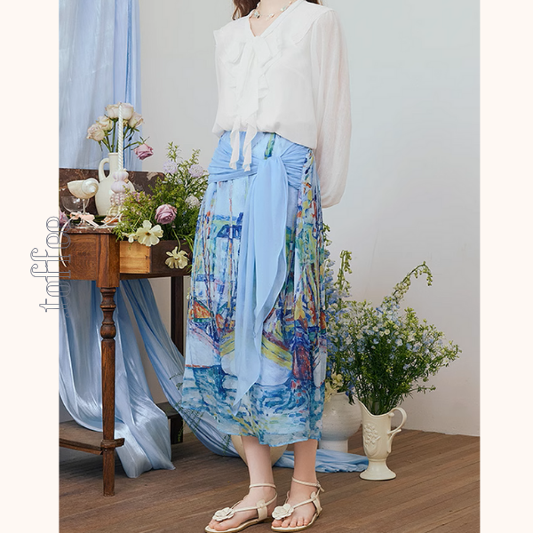 油絵プリントロングシフォンスカート《Z00974》