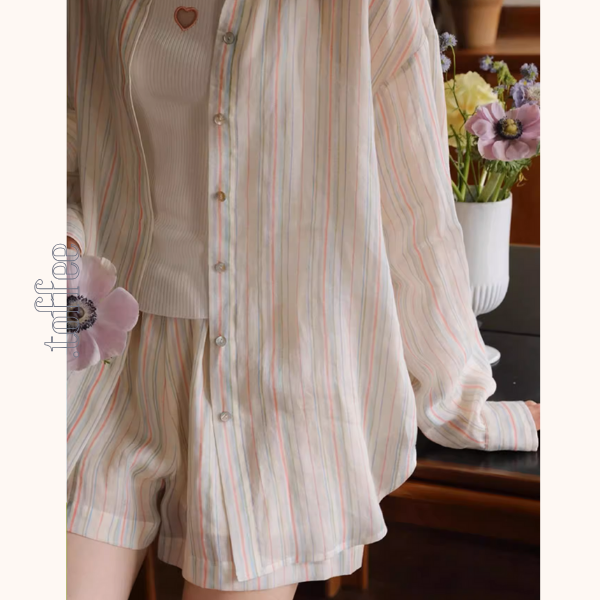 カラフルストライプルーズシャツ&ワイドショートパンツのセットアップ《Z01029》