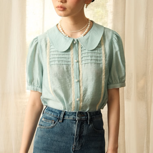 【2color】ピーターパンカラーパフスリーブシアーシャツ《Z00987》