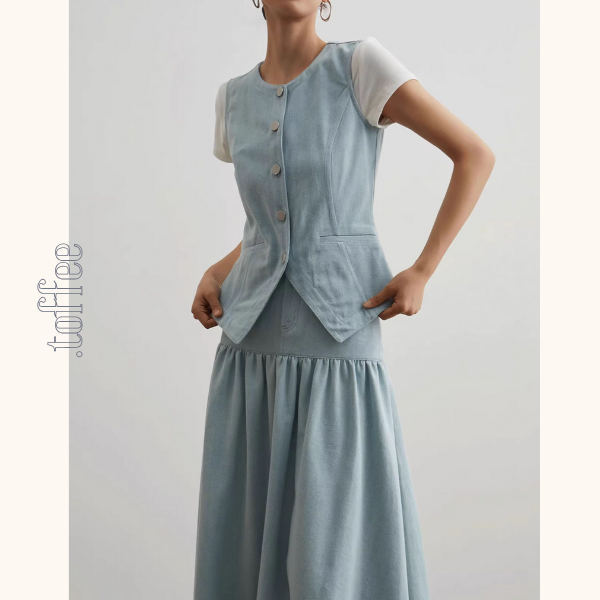 ノースリーブラウンドネックベスト&Aラインロングスカートセットアップ《Z00954》