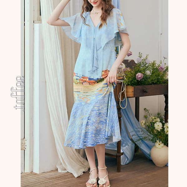 潮の音が聞こえる:シフォンプリントロングワンピース《Z00972》