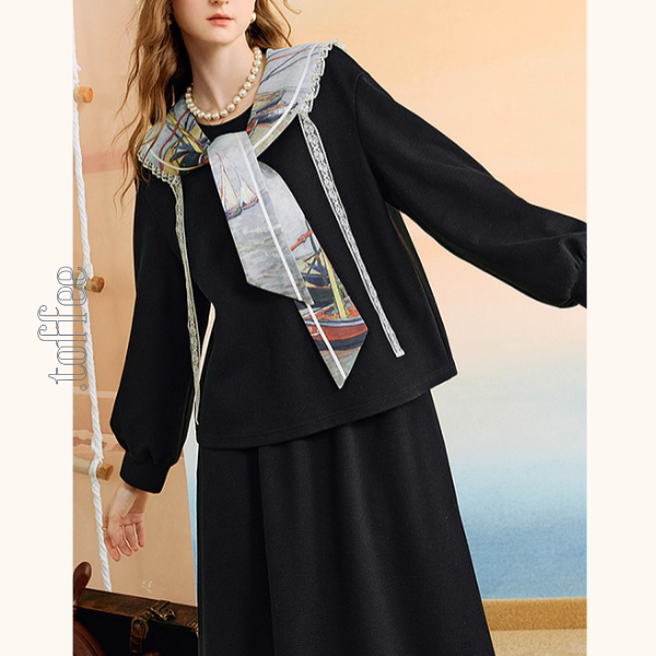 【2color】セーラーカラーと船の刺繍セットアップ《Z01133》