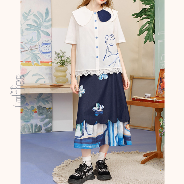 線画とレースが奏でる詩のシャツ《Z01138》