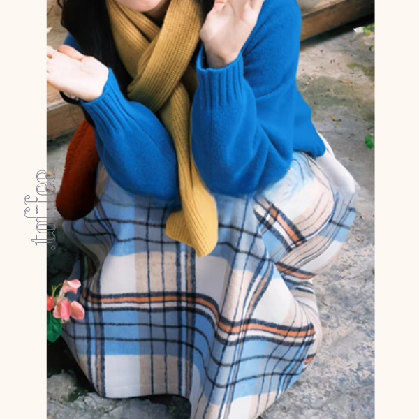 白地レトロチェックの揺れプリーツスカート《Z01206》