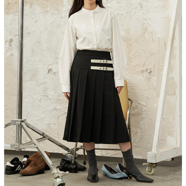 【2color】二つのベルト付きミモレ丈Aラインプリーツスカート Z00223