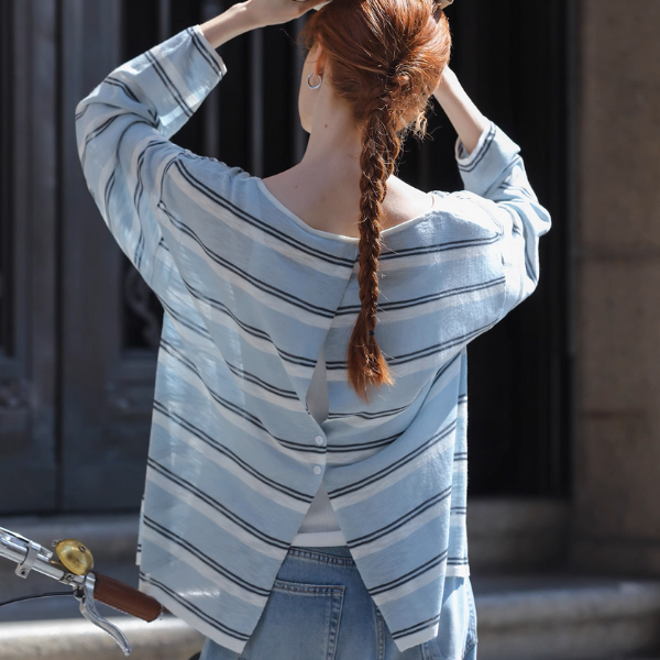 【2color】ワンショルダーストライプシアーニットトップ《Z01027》