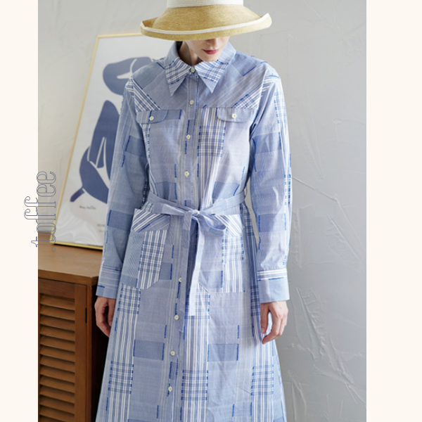 チェック柄パッチワークシャツワンピース Z00469