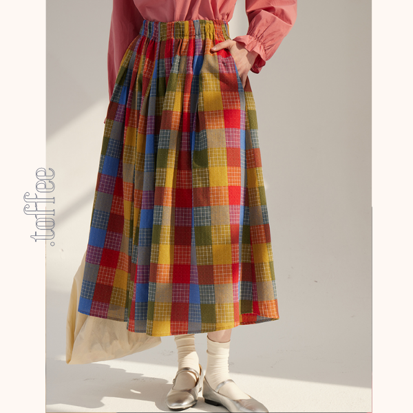 カラフルチェック柄ロングフレアスカート 《Z00786》
