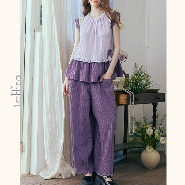 フリルスリーブトップ&ワイドパンツセットアップ《Z00966》