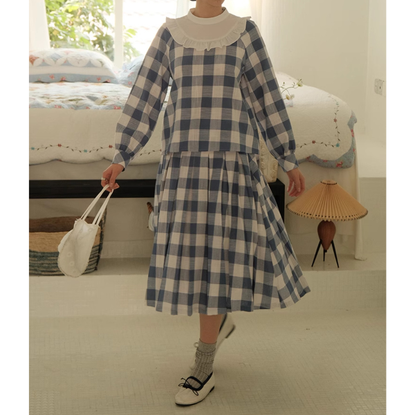 チェック柄ドールカラーブラウス&スカートセットアップ Z00085