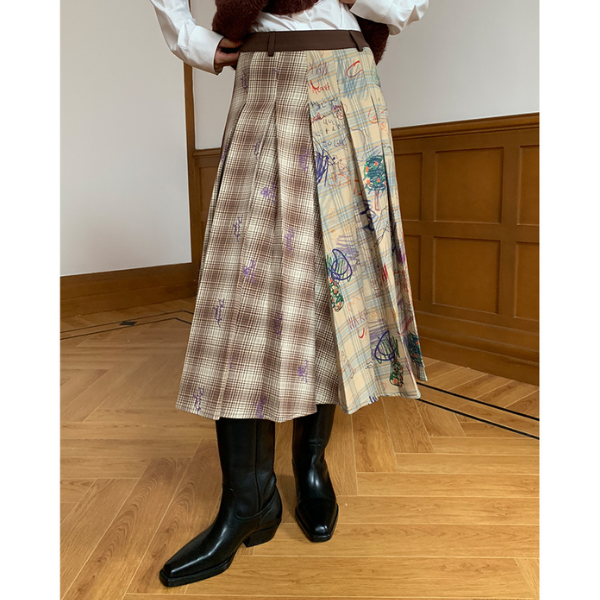 パッチワークプリーツロングスカート Z00106