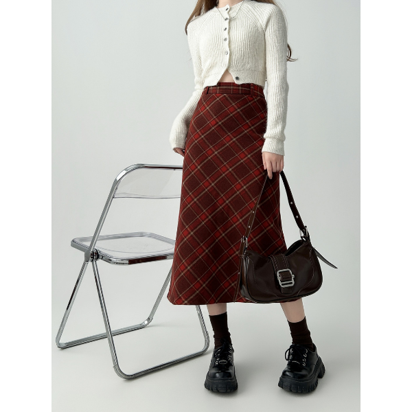 タータンチェックAラインロングスカート X-515