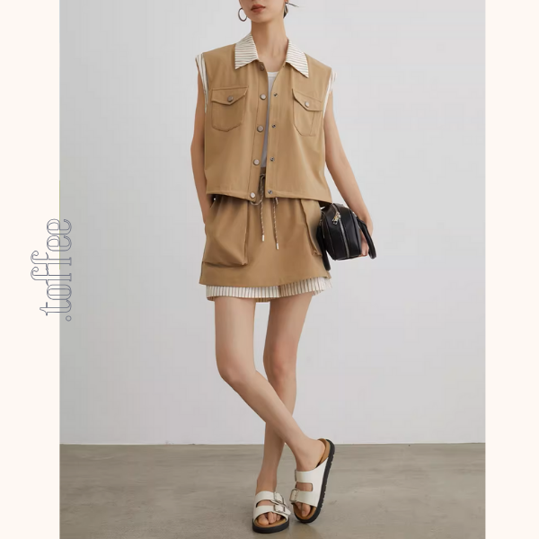 ストライプディテールレイヤード風ベスト&ドローストリングハーフパンツセットアップ《Z00943》