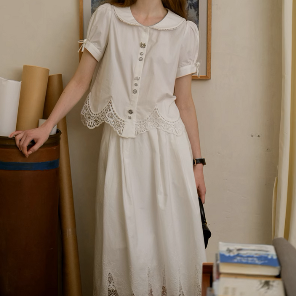 レーズヘムブラウス&フローラルレースミモレ丈スカートセットアップ《Z00896》