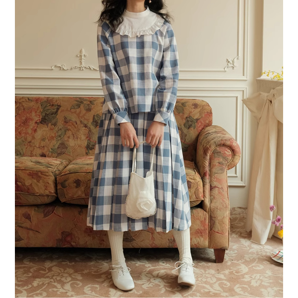 チェック柄ドールカラーブラウス&スカートセットアップ Z00085