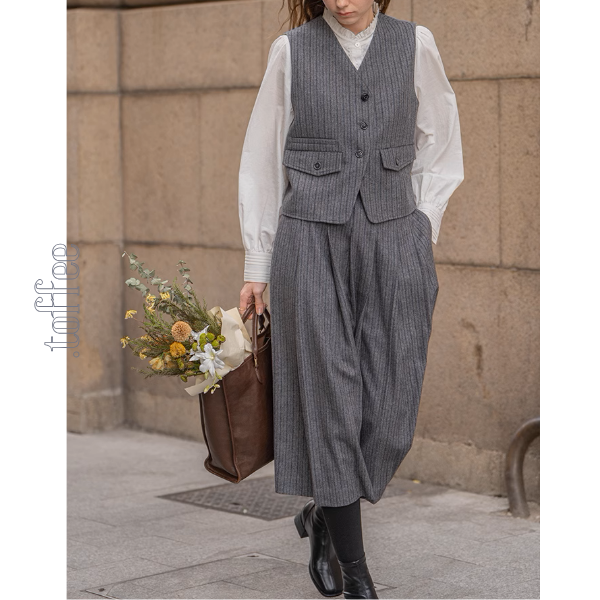 【3color】チェック柄リボン装飾ジレ&ミモレ丈プリーツスカートセットアップ《Z00858》