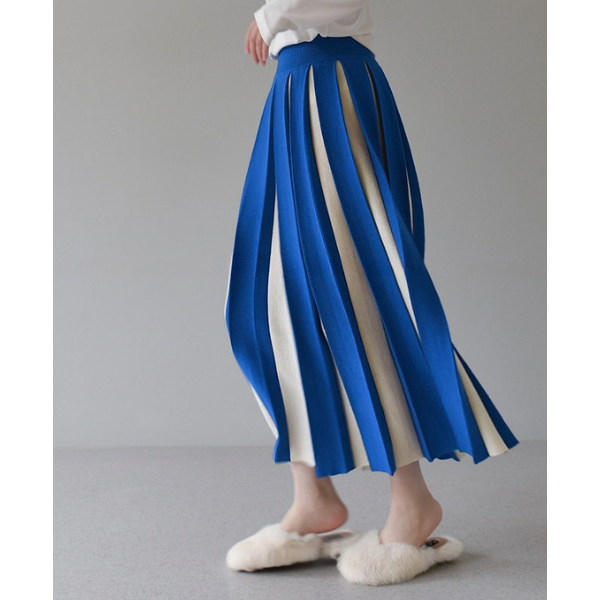 【6color】バイカラープリーツスカート w-079