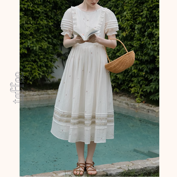 レース&パール装飾パフスリーブワンピース《Z00985》