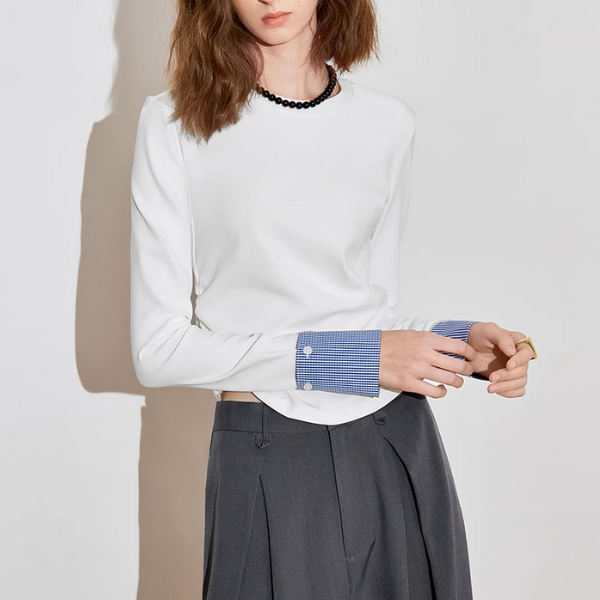 【2color】ギンガムチェックカフスクルーネックトップ《Z00926》