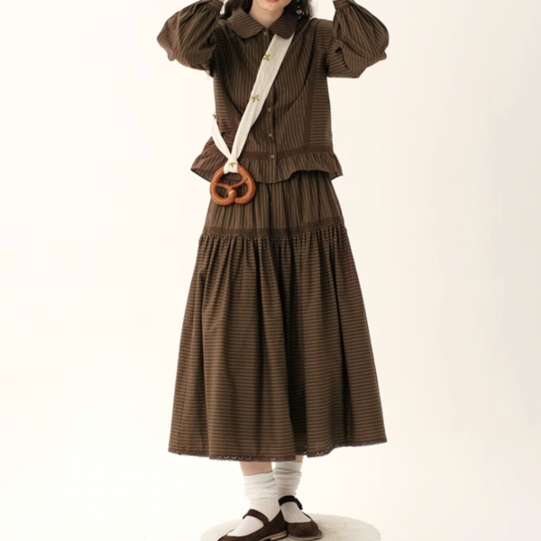 【2color】レトロストライプフリルヘムセットアップ X-263