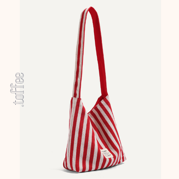 【2color】ストライプ柄×無地ロゴプリントキャンバスショルダーバッグ 《Z00803》