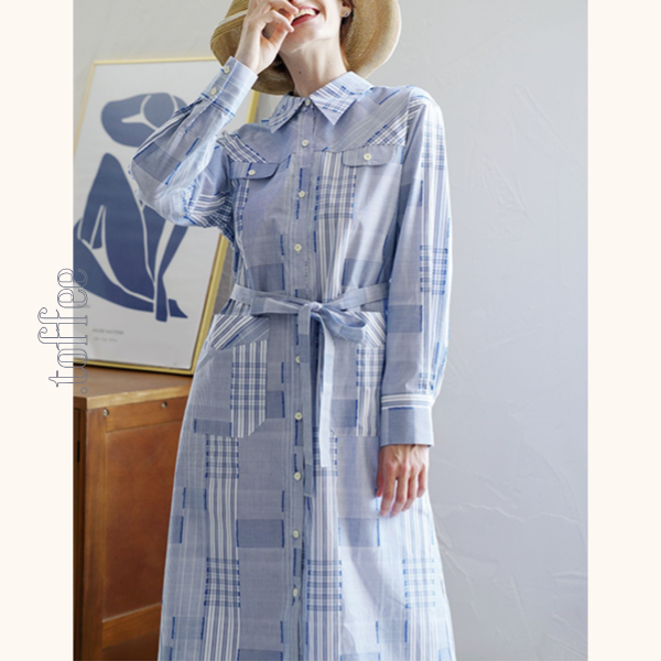 チェック柄パッチワークシャツワンピース Z00469