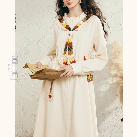 マルチカラーかぎ編みレースタイ付きAラインワンピース 《Z00678》