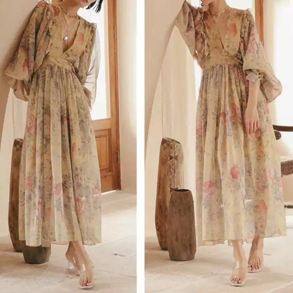 フラワープリントボリュームスリーブワンピース X-046