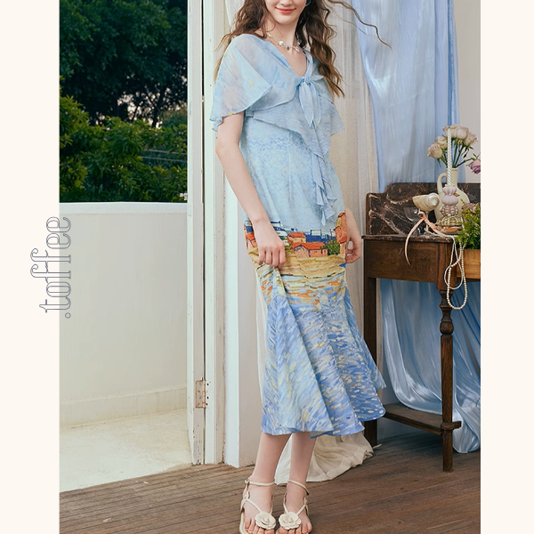 潮の音が聞こえる:シフォンプリントロングワンピース《Z00972》