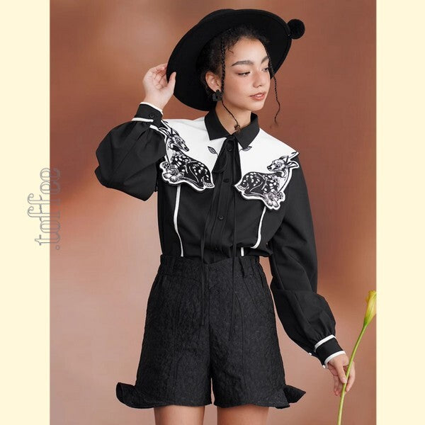 月明かりのバンビが佇む:深い森の中のオリエンタルカウボーイブラウス C0187