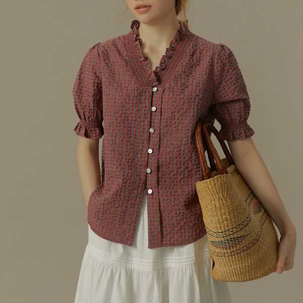 フリルネックチェック柄ブラウス《Z00822》