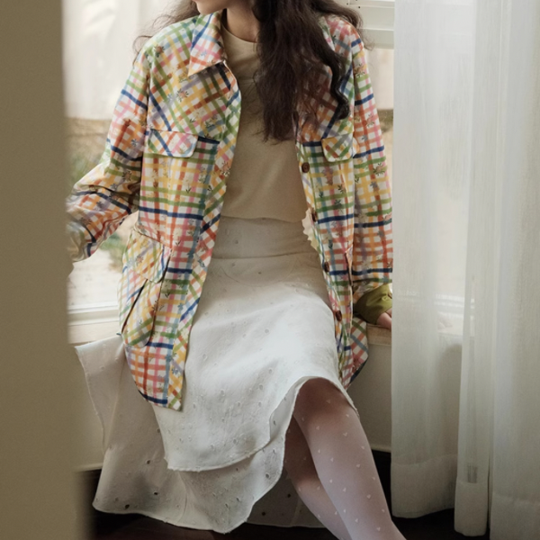 小花×チェック柄のカラフルシャツ Z00078